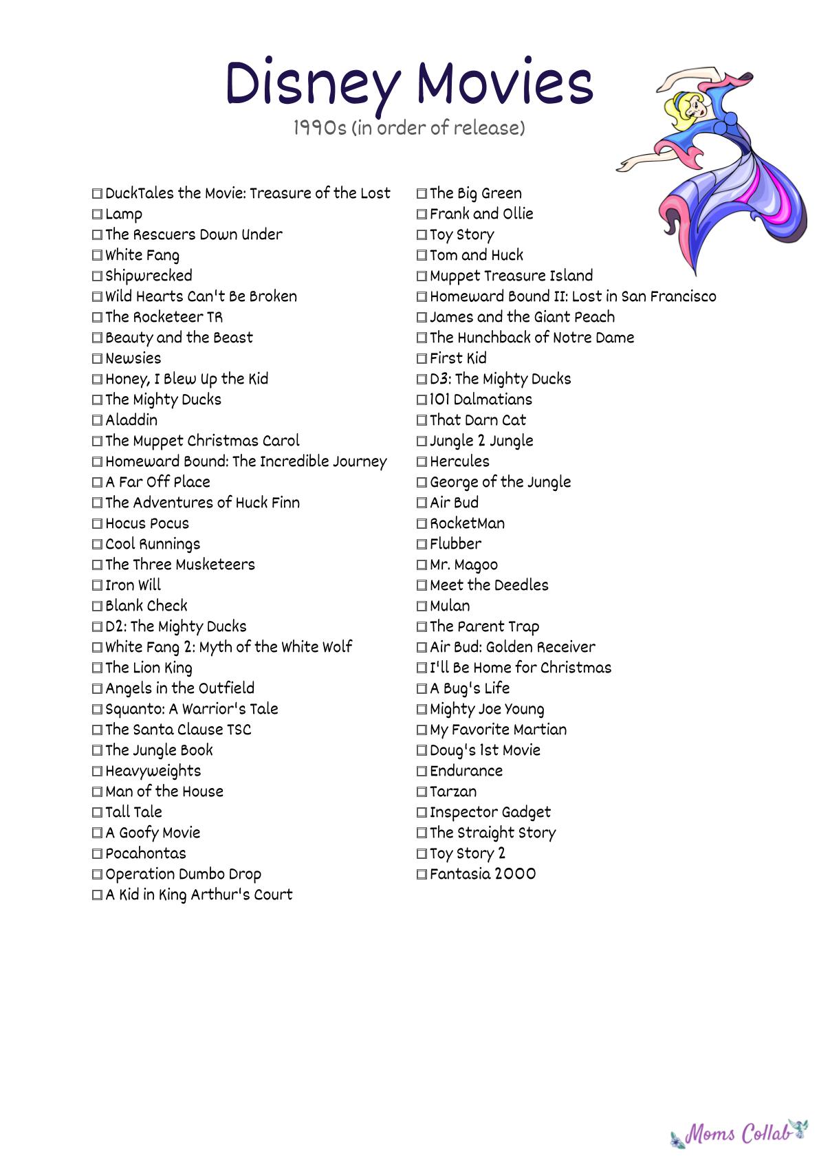 Free Disney Movies List Of 400 Films On Printable Checklists