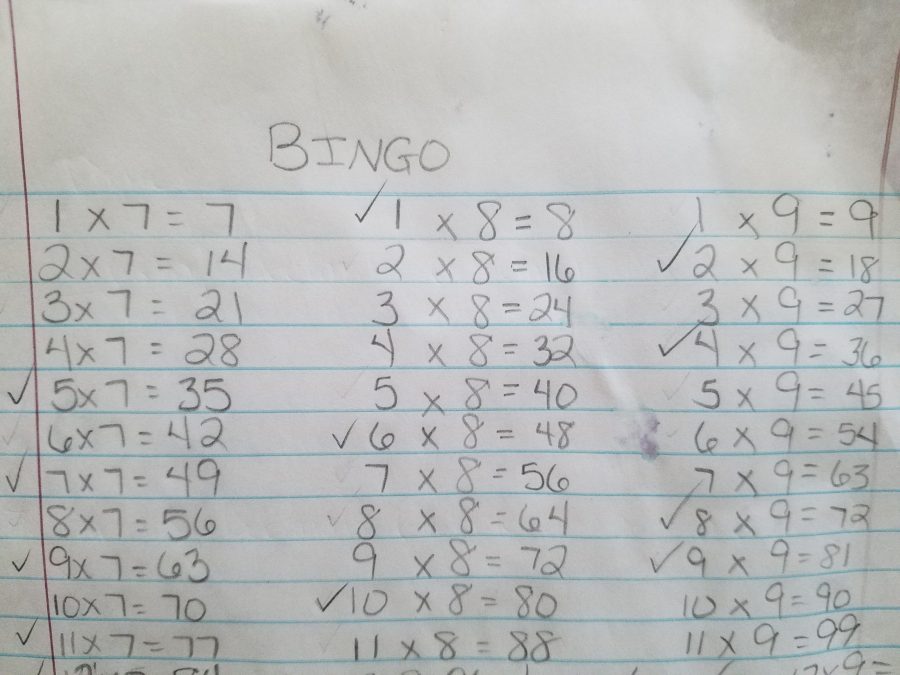 Bingo times tables handwritten