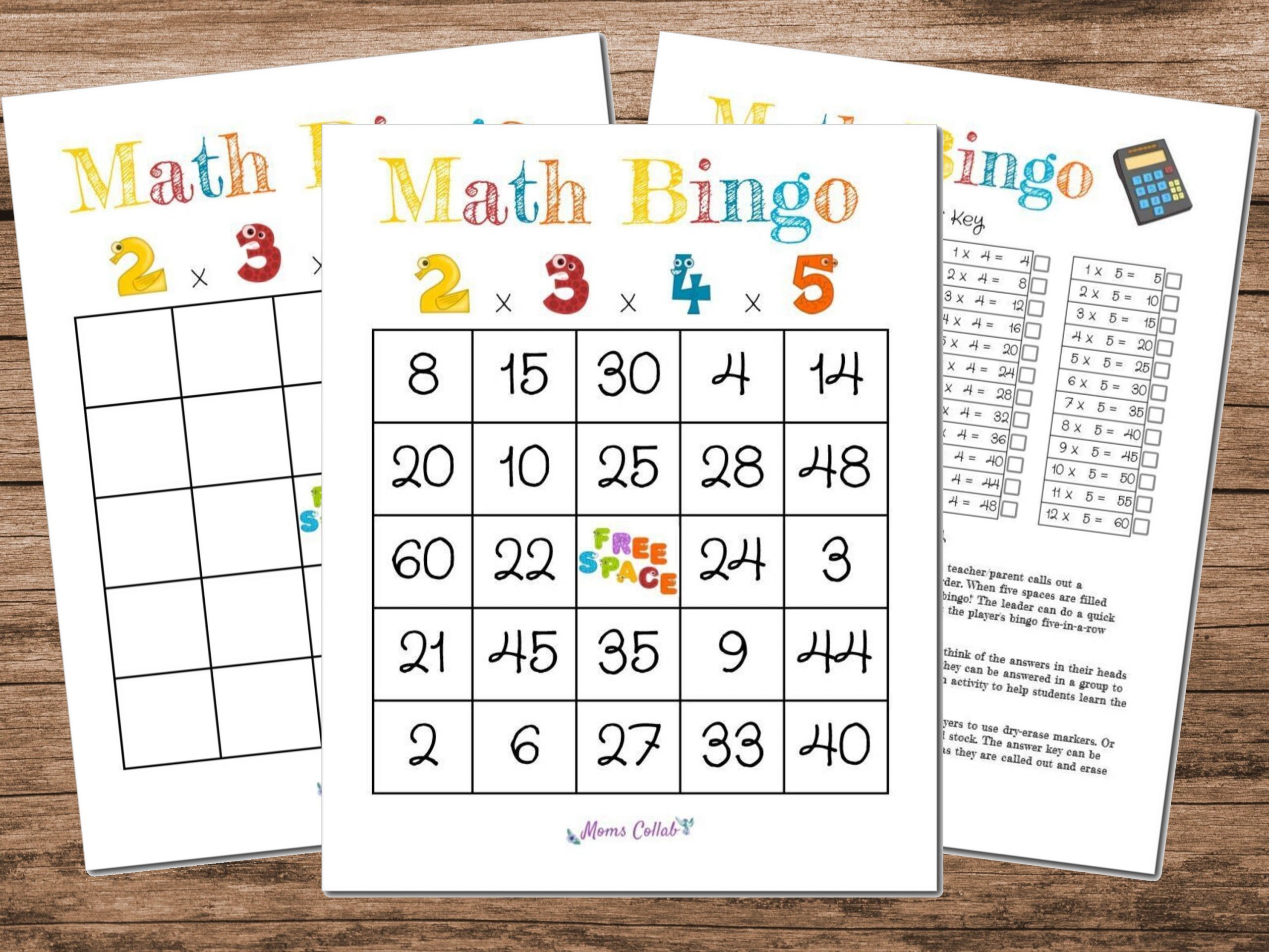 Math Bingo Game Multiplication 2x3x4x5