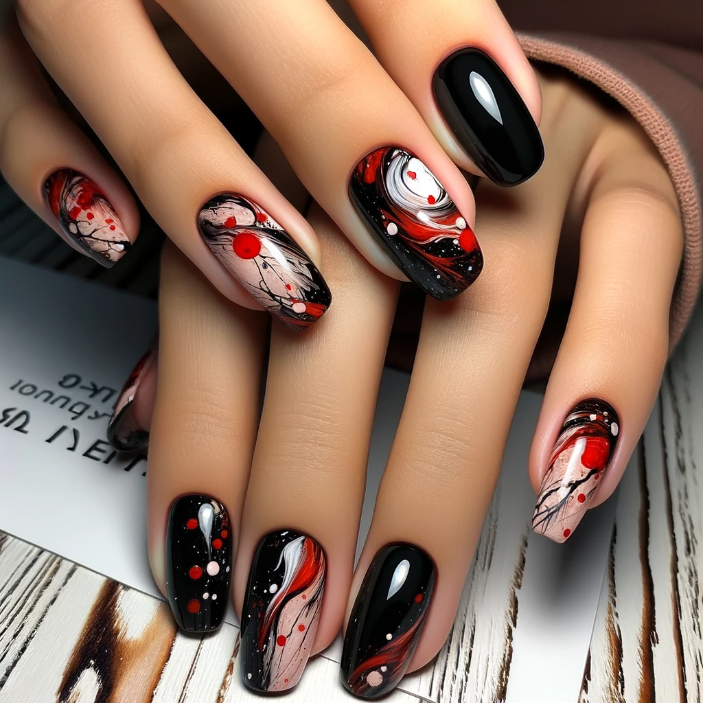 Abstract art red and black nails