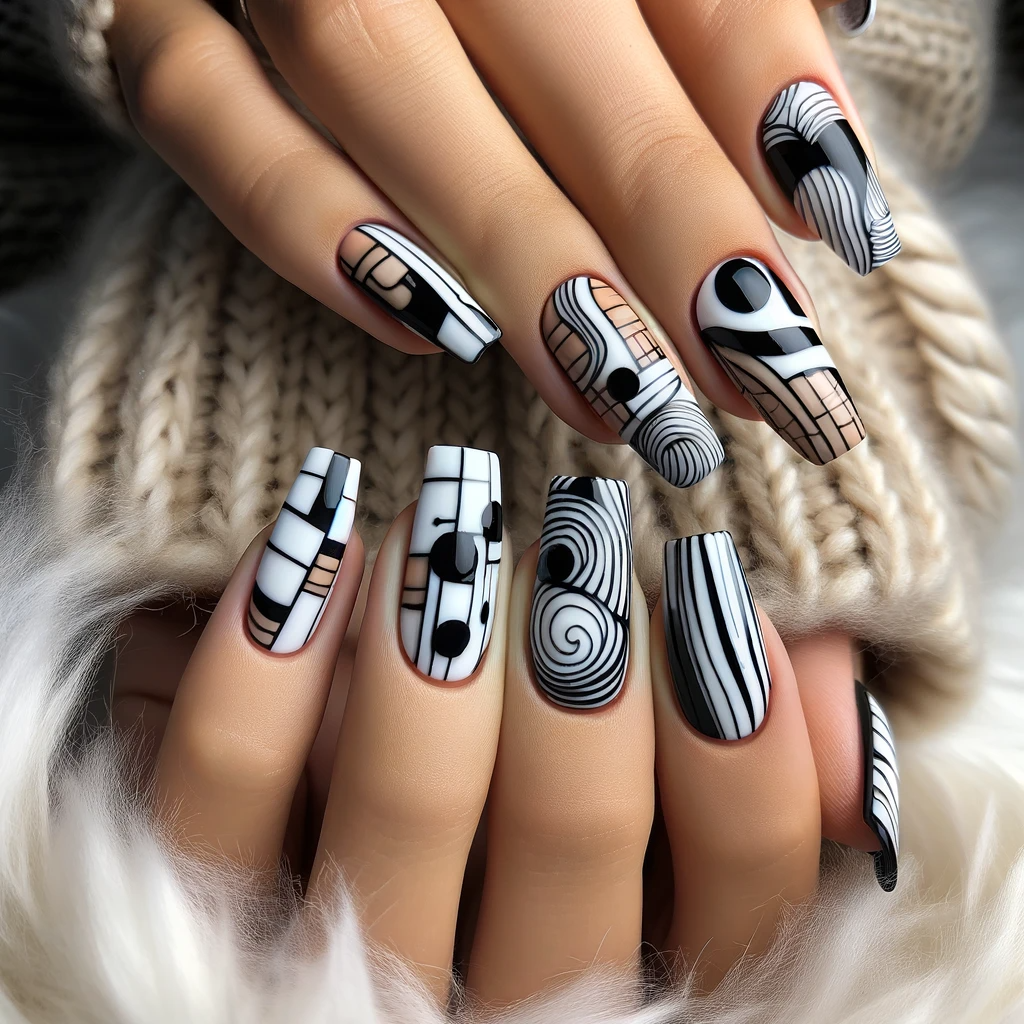 Abstract black and white nails