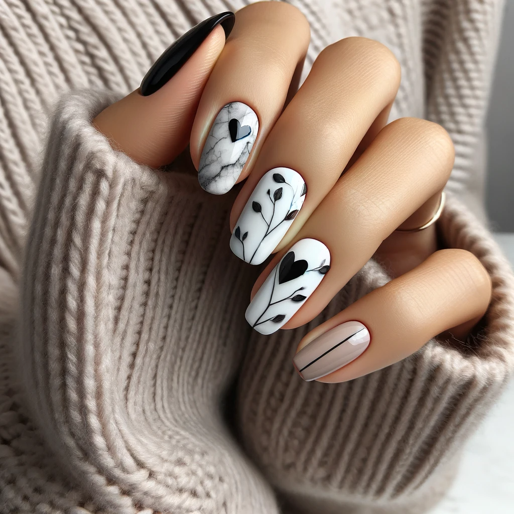 Abstract heart shapes in black and white nail art