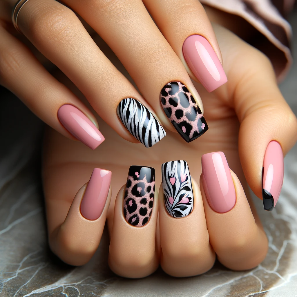 Animal leopard and zebra print pink and black nails