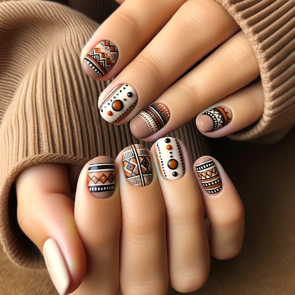 Aztec nail art with minimal patterns in earth tones