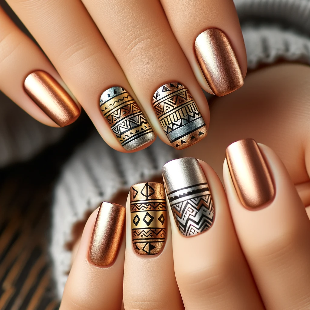 Aztec nail design with metallic accents in bronze, gold, and copper