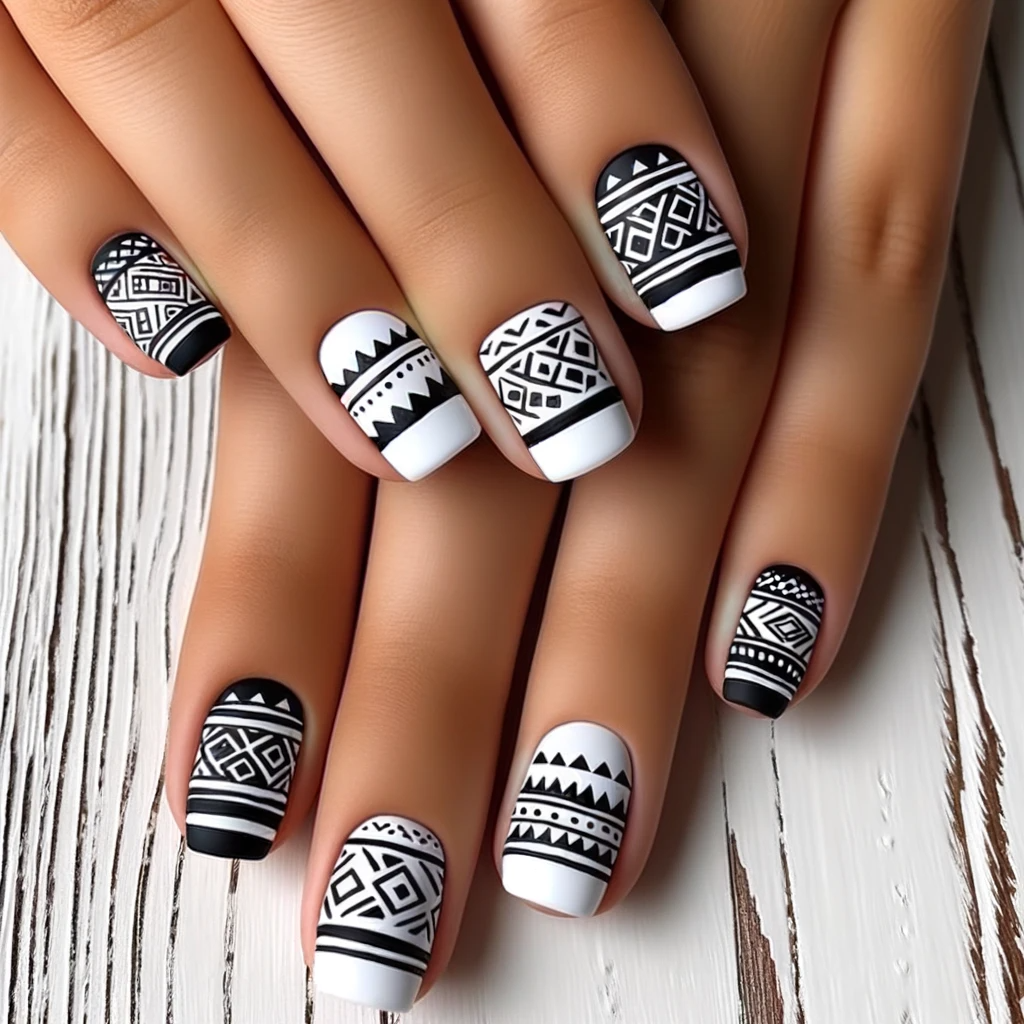 Aztec nail designs with monochromatic black and white patterns