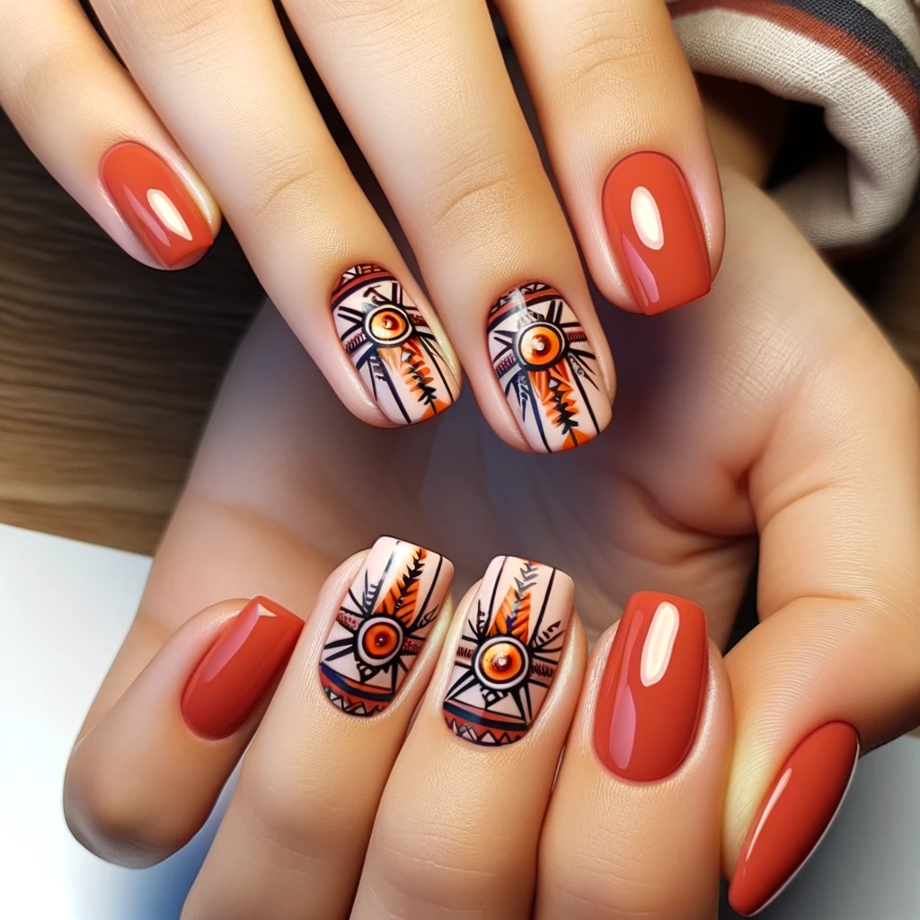 Aztec sun motif in orange and red shades