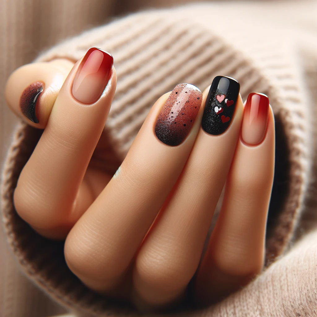 Black and red ombre nails with hearts
