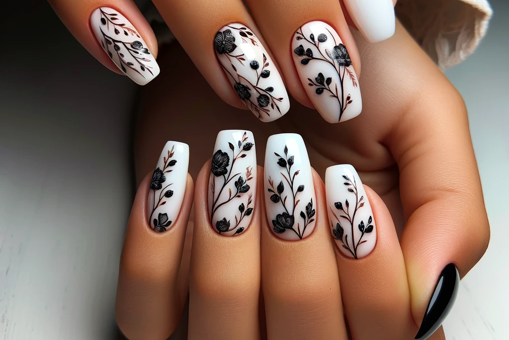 Black and white floral nail patterns featured
