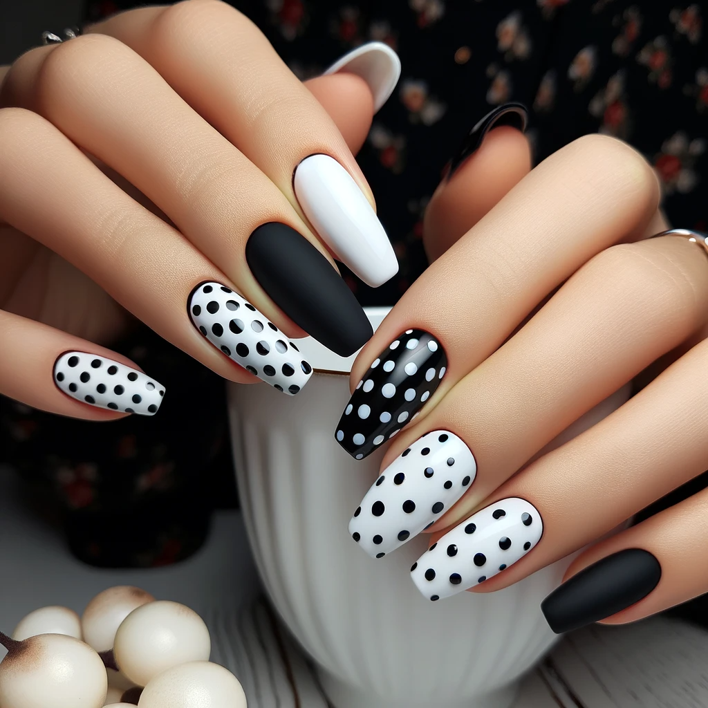 Black and white polka dot nails