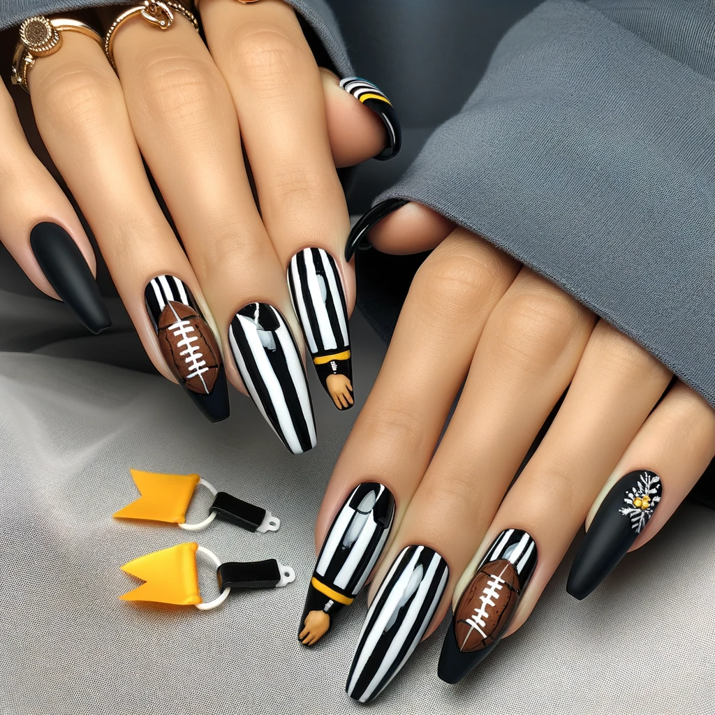 Black and white striped football referee inspired nails