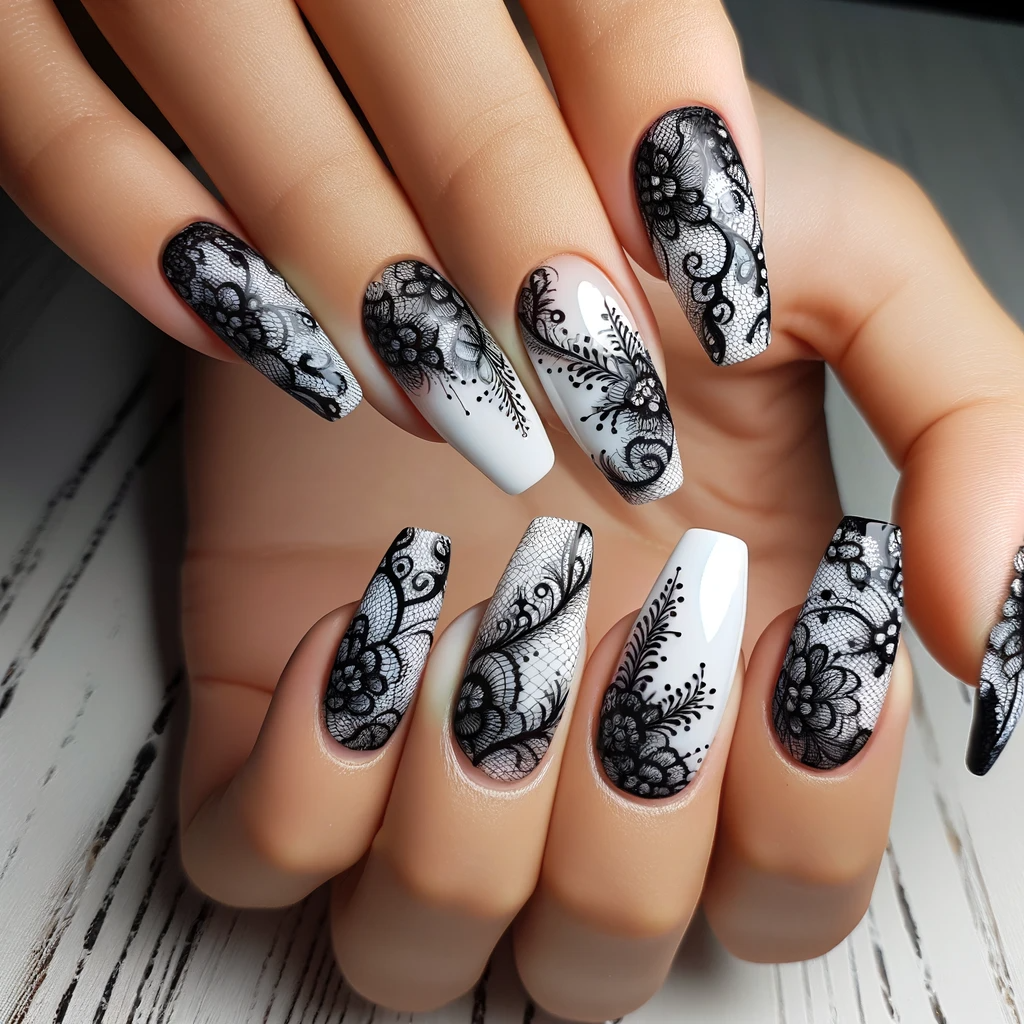 Black lace over white nails