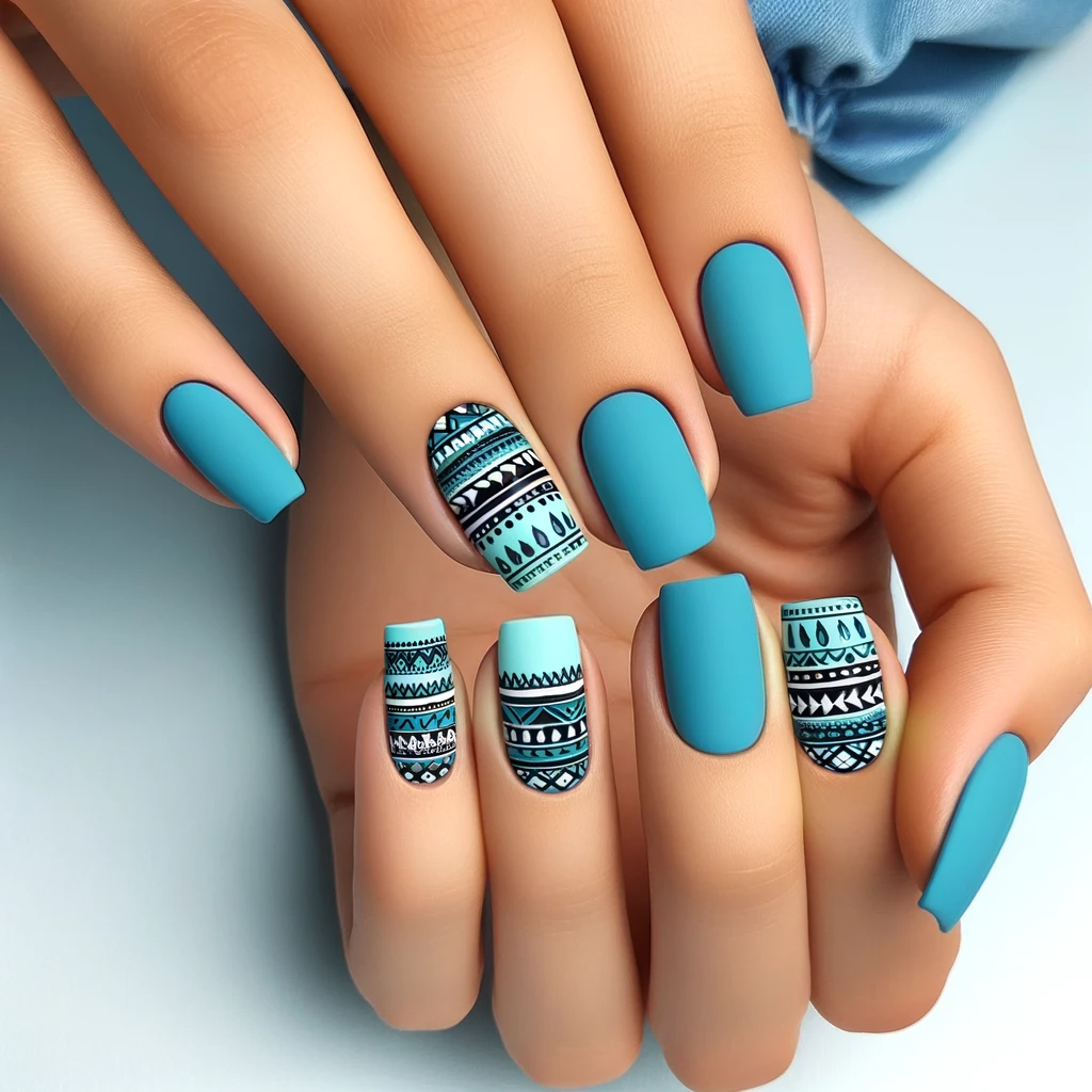 Bright turquoise nails with black and white Aztec patterns