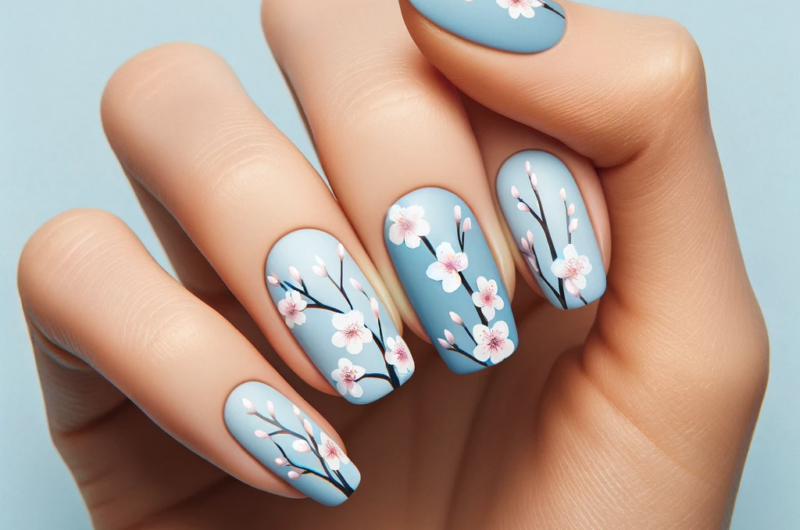 Cherry Blossom Branches against a blue pastel base featured