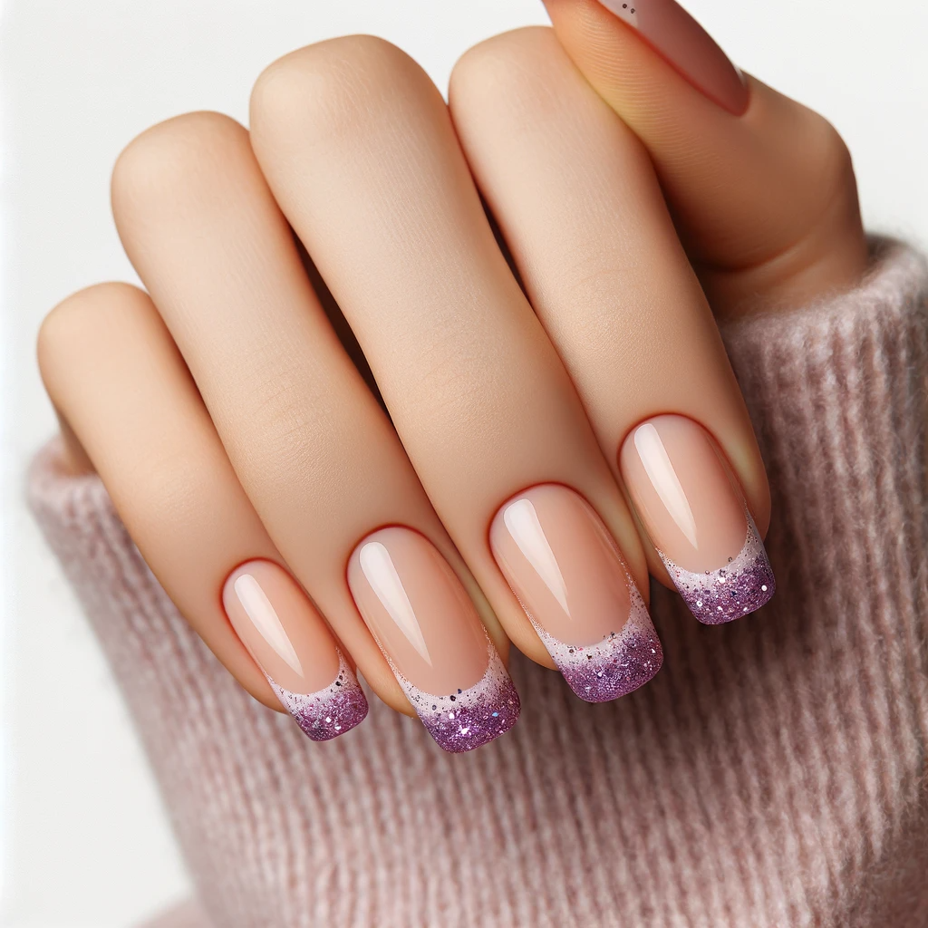 Classic French tips with a twist, showcasing sparkling purple