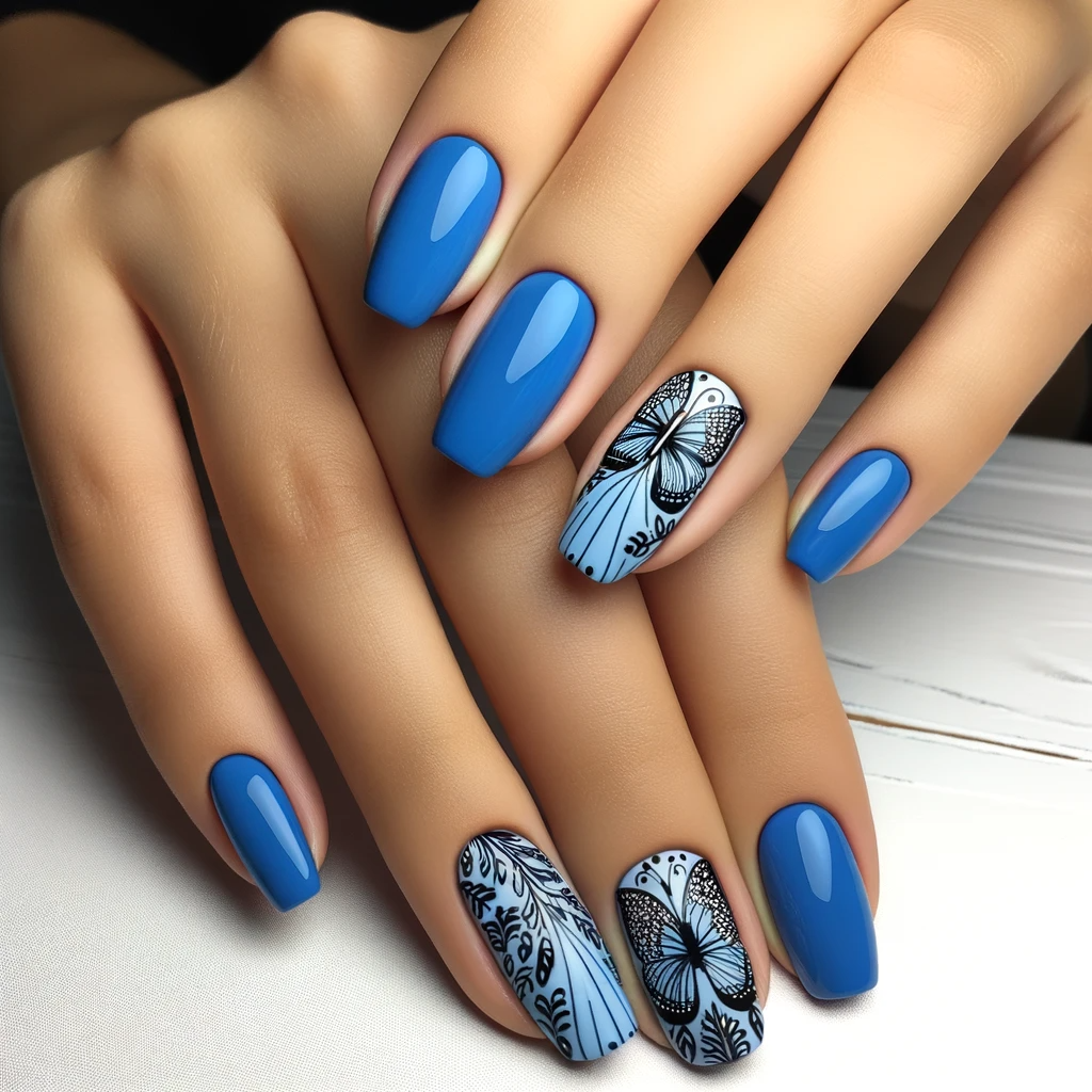 Cobalt blue base and detailed black and white butterfly wing designs