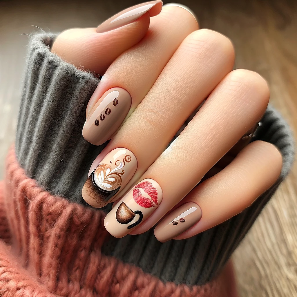 Creamy brown based nails with wisps of white like coffee steam and small kiss