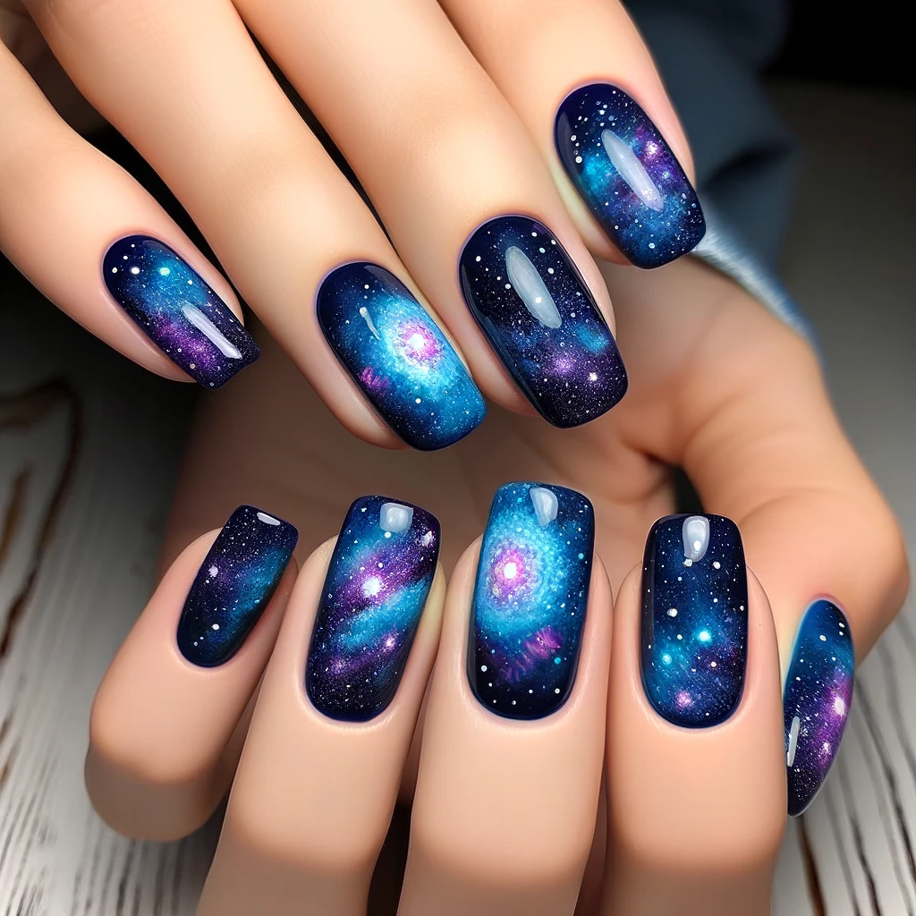 Dark blue nails with a galaxy design
