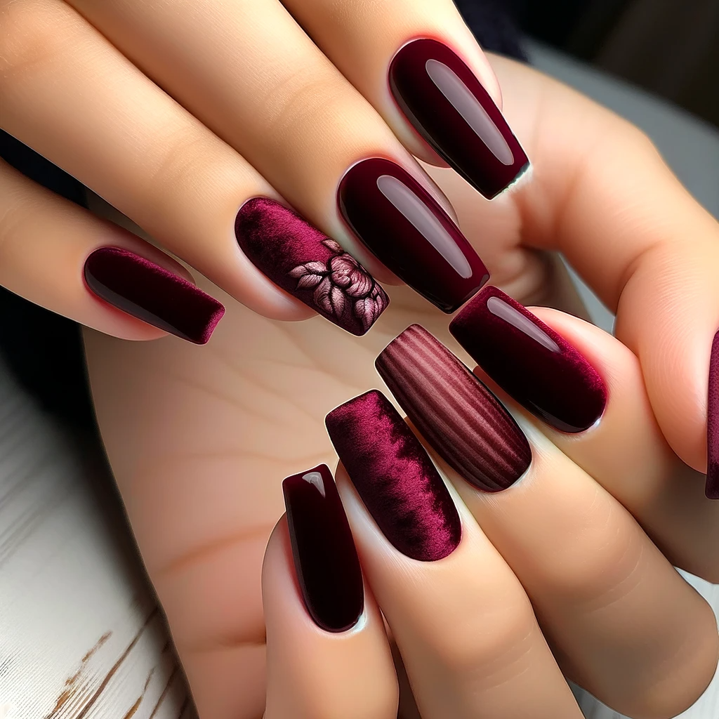 Deep maroon velvet nail art inspiration