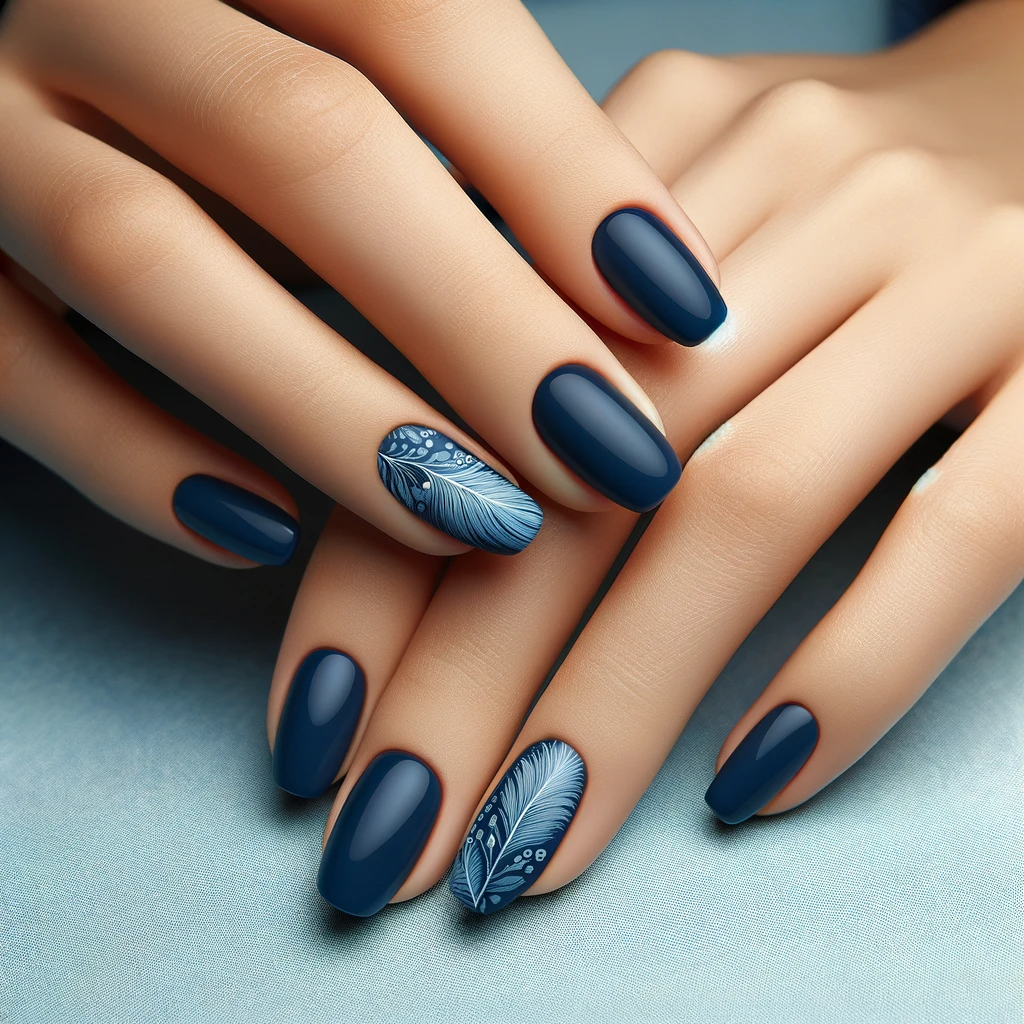 Deep navy blue background and detailed lighter blue feather designs