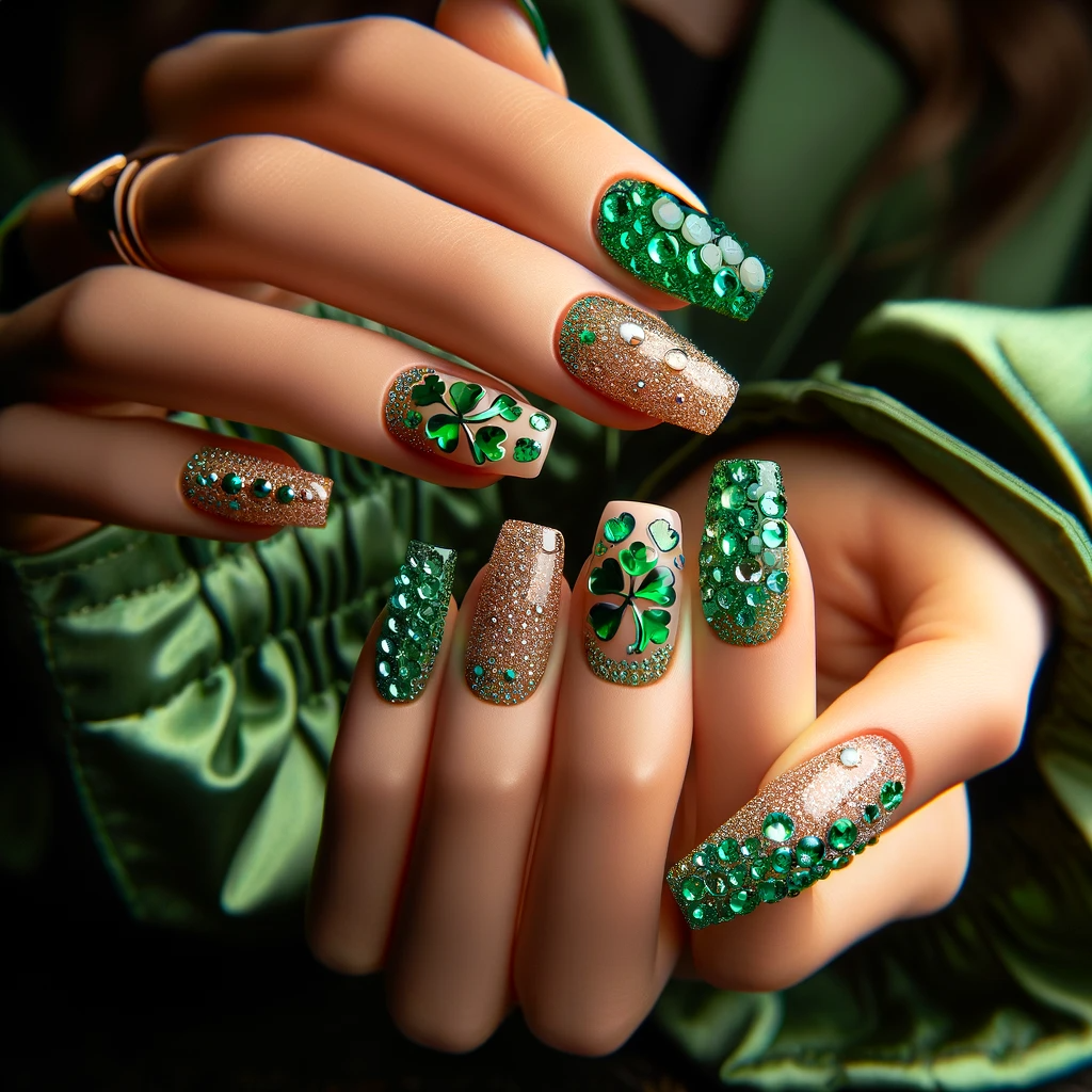 Emerald jewels on nails for St. Patrick's Day