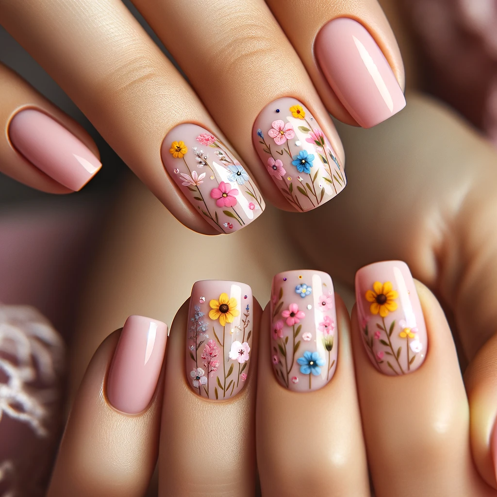 Floral Decals on Soft Pink short nails