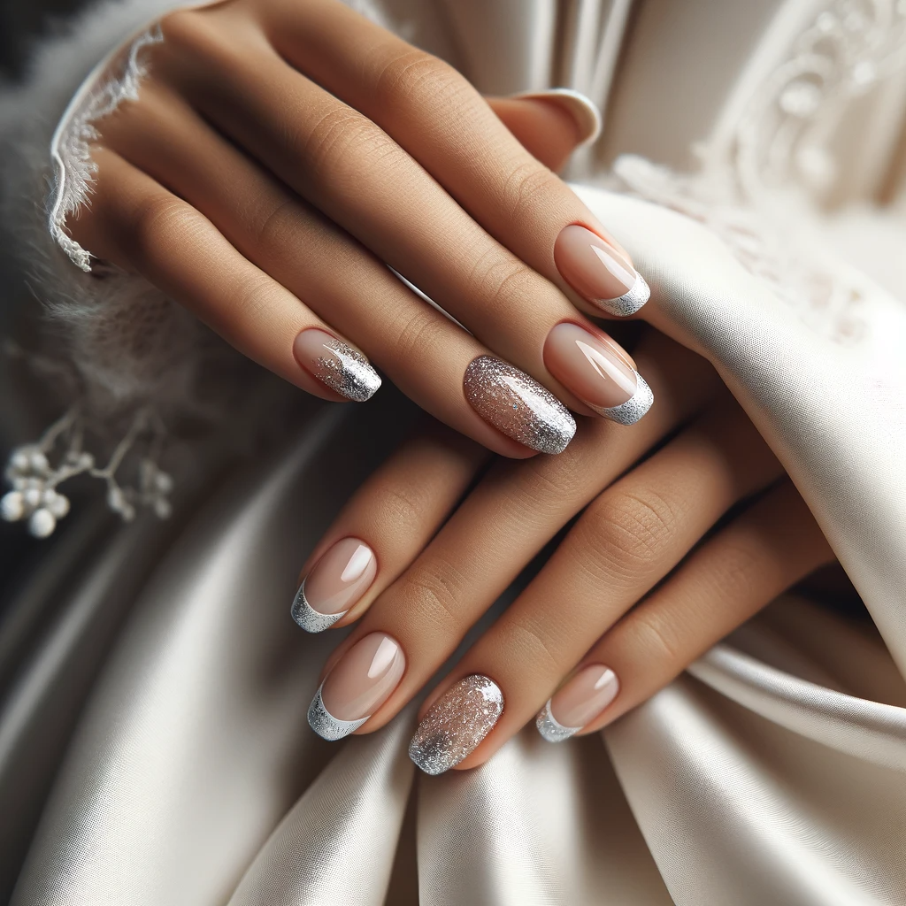 French manicure showcasing silvery glitter tips