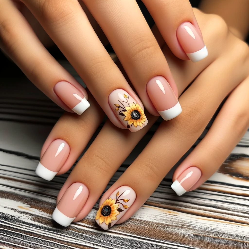 French manicure tips painted as tiny sunflowers