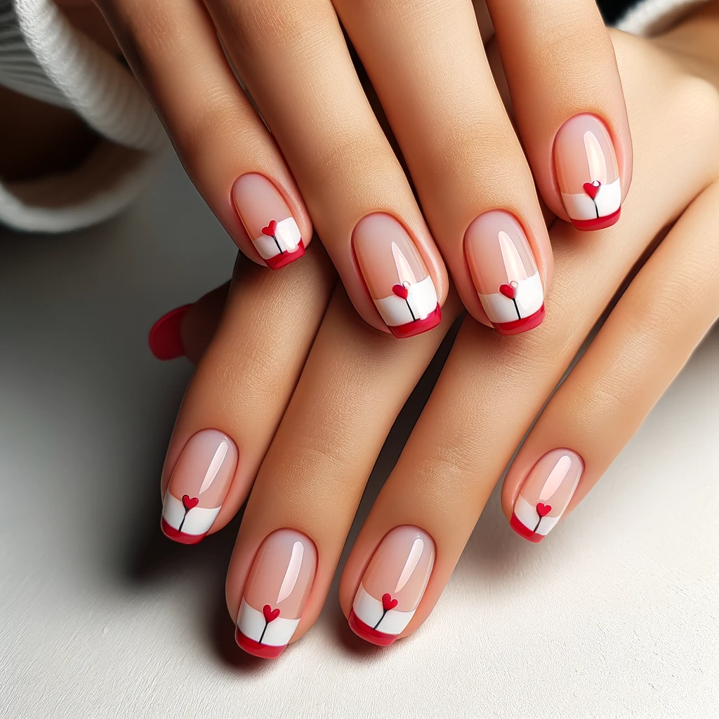 French manicure with red or pink tips and tiny hearts