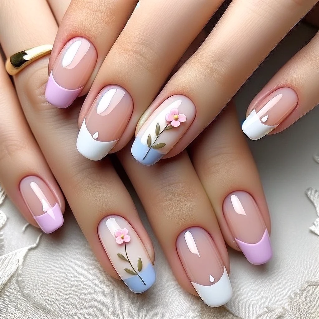 French tips in soft pastel colors with flower accents