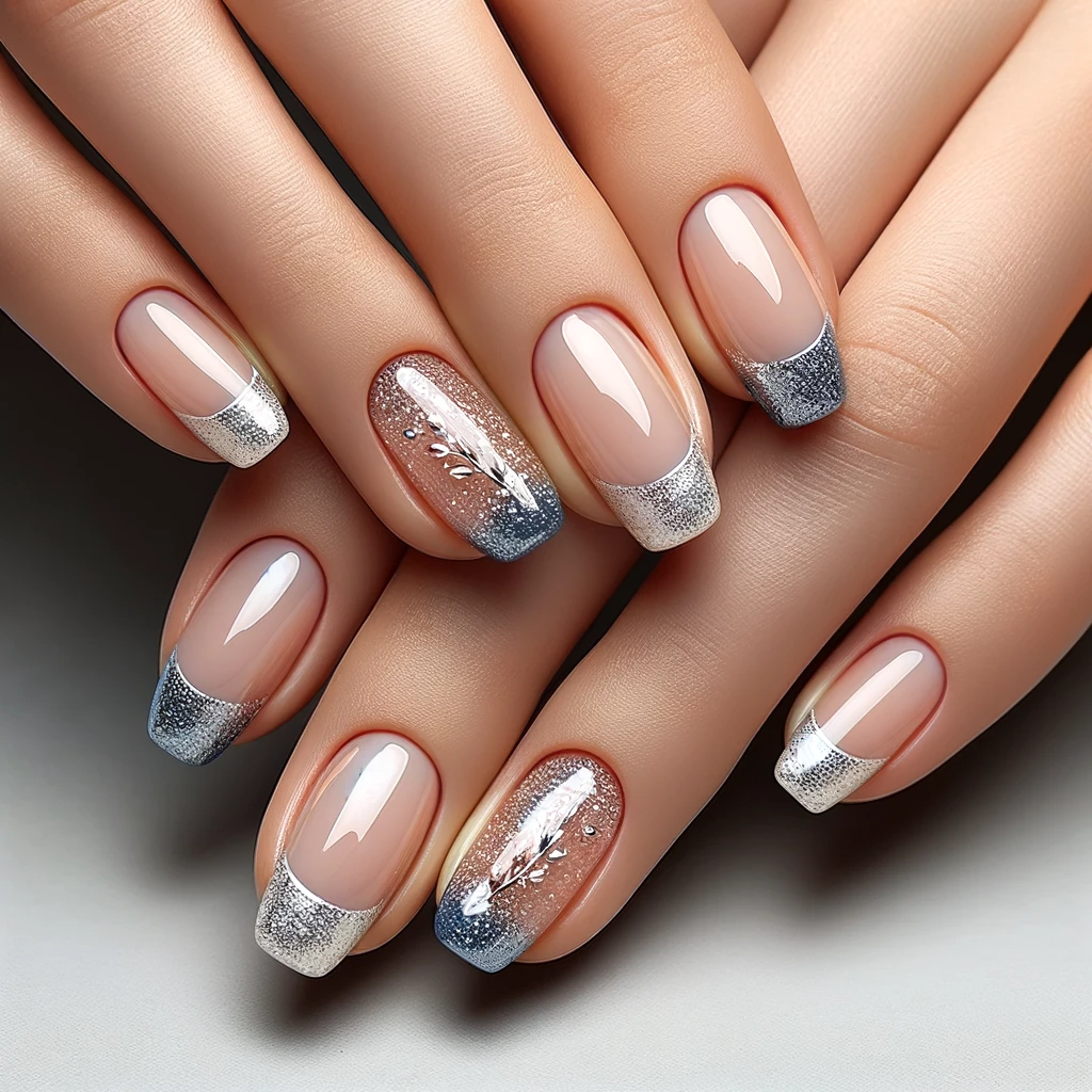 Glittery French tips with silver or blue glitter
