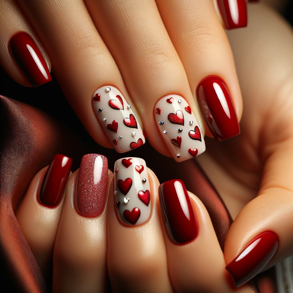 Gorgeous red nails with hearts for Valentine's Day