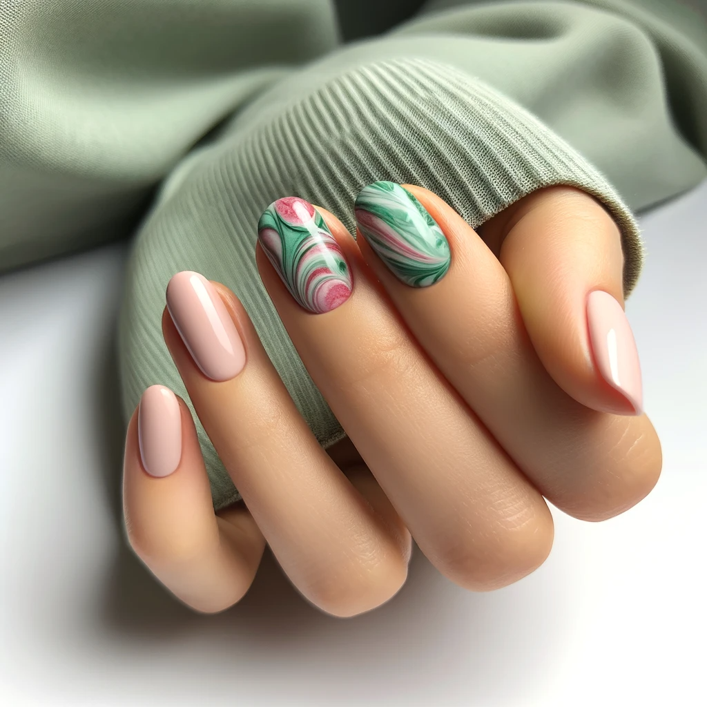Green and pink marble effect nails