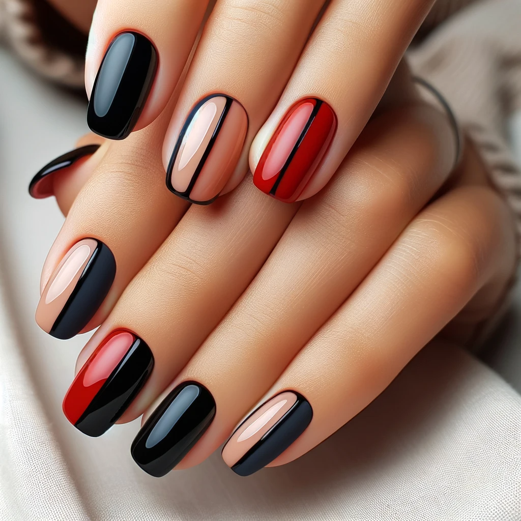 Half and half red and black nail art