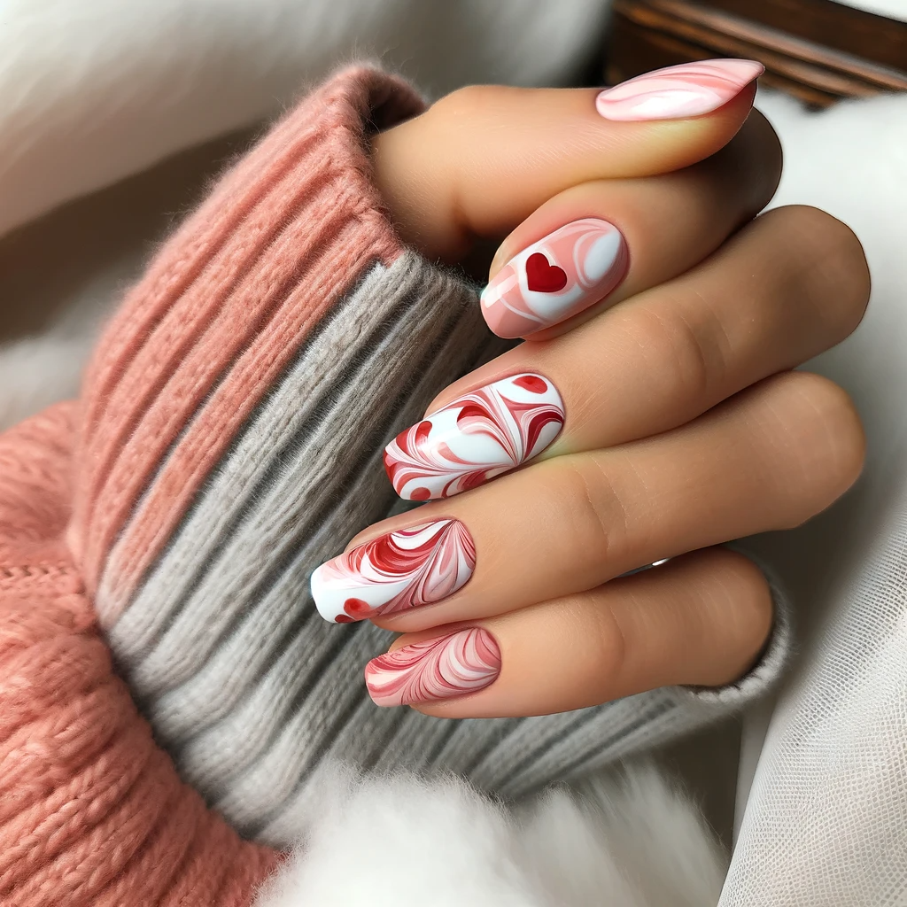 Marble pattern with swirls of red, pink, and white nail design