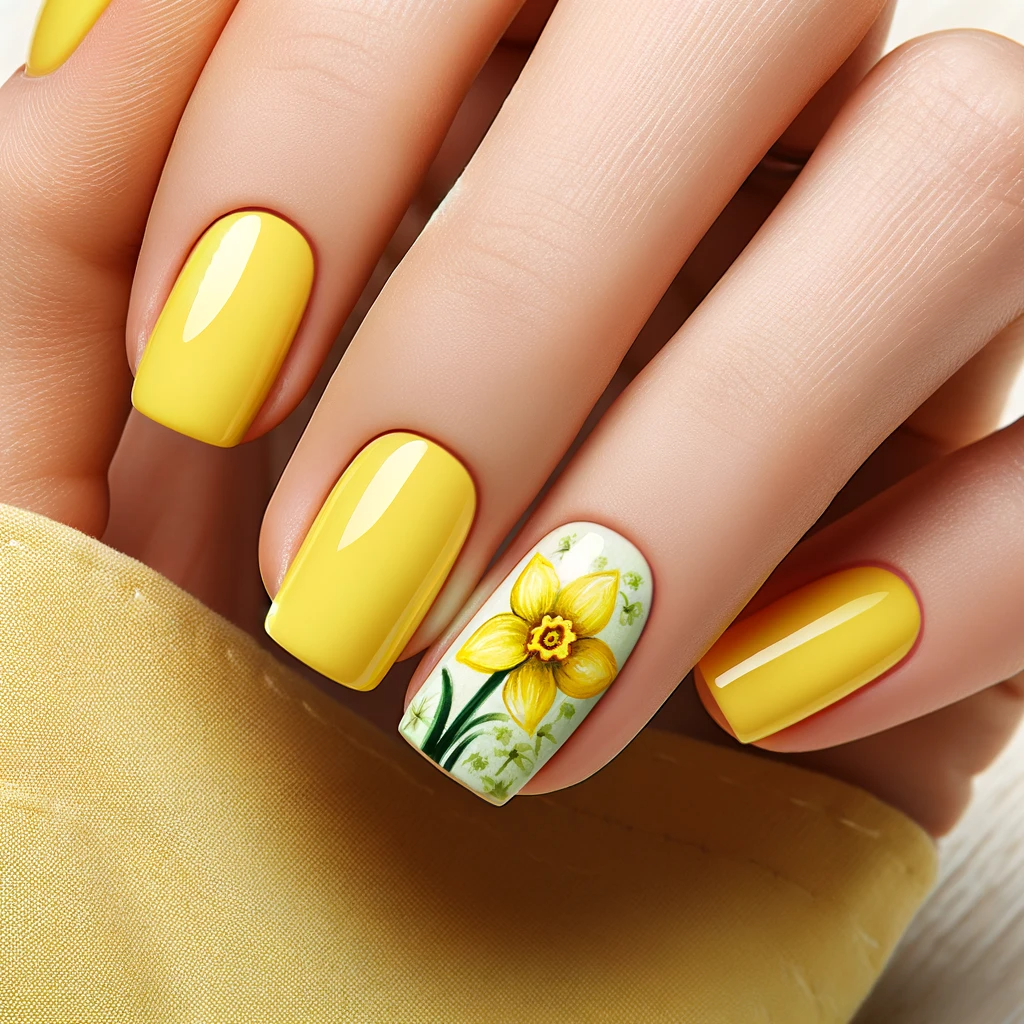 March nail art featuring daffodil yellow accents