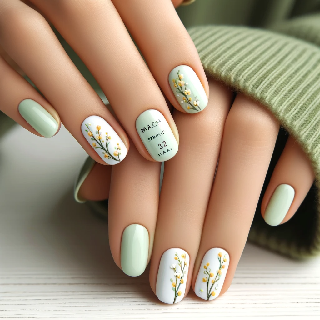 March nail design featuring a spring buds