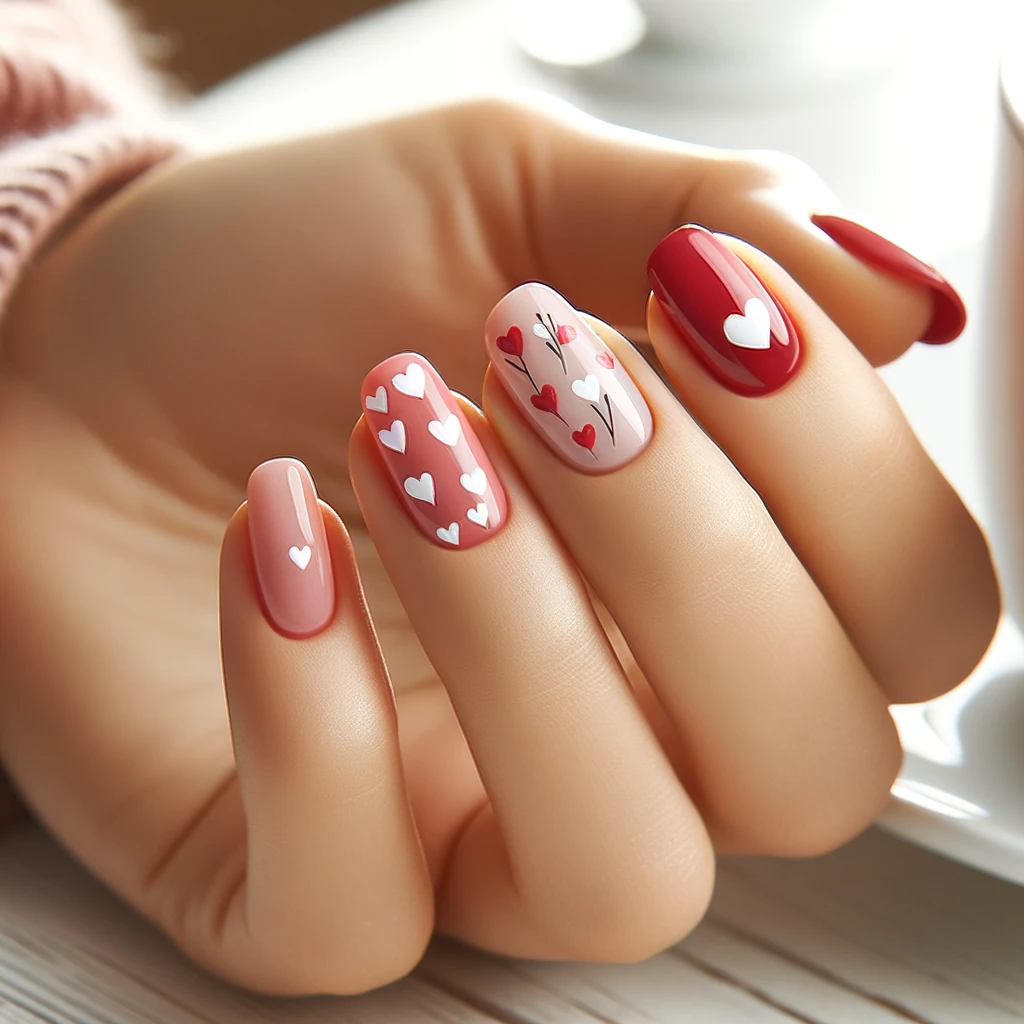 Nail art design with red or pink base and small white hearts
