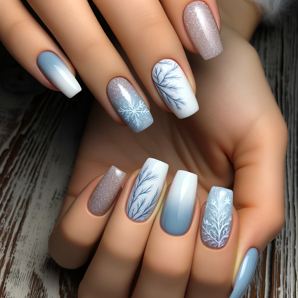 Nail art featuring an icy frost design