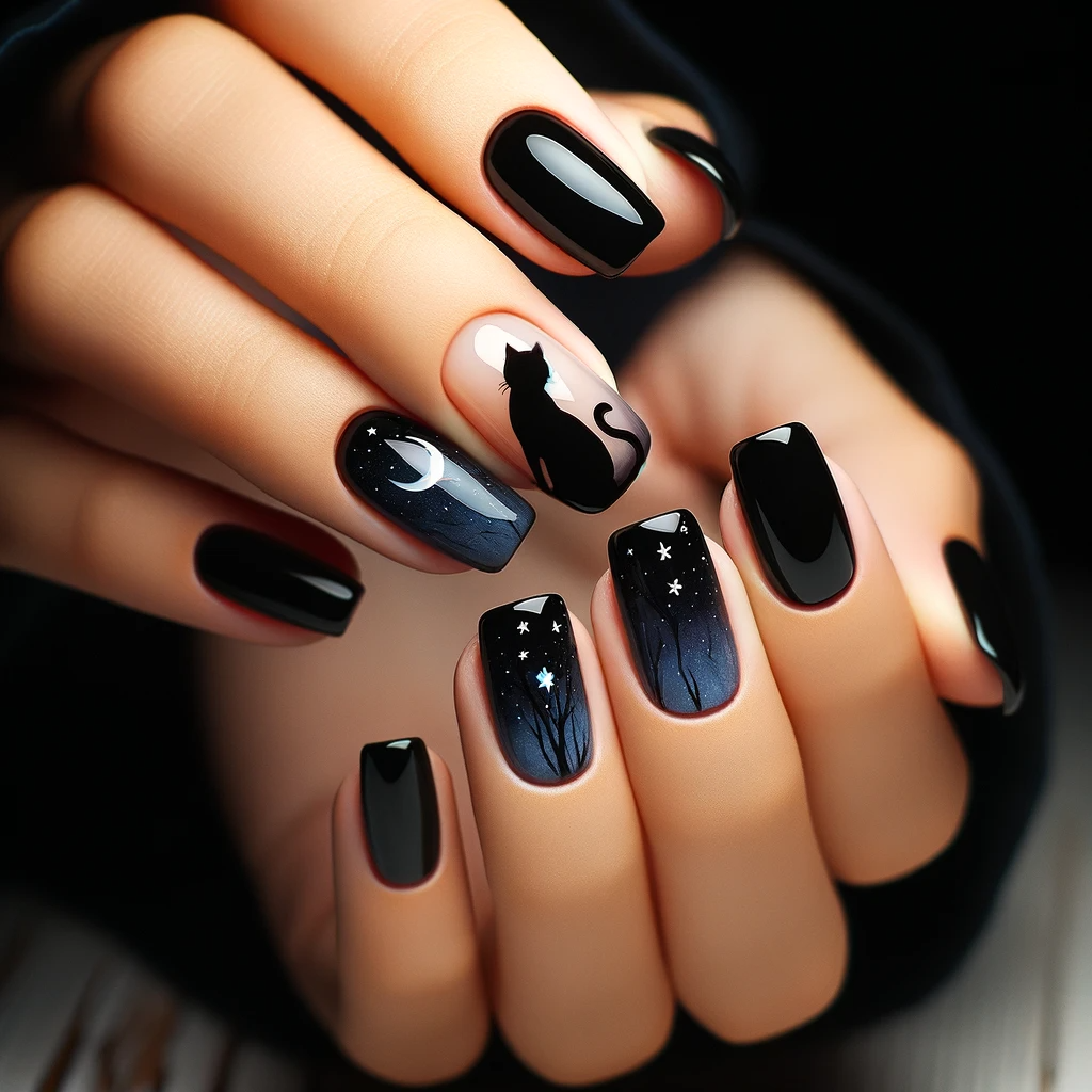 Nails painted in a black cat silhouette design