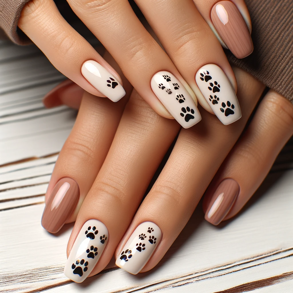 Nails painted in a kitty paw prints path design