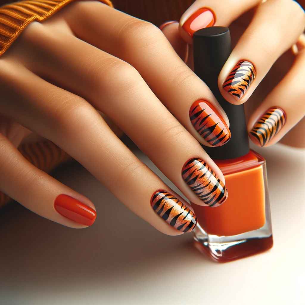 Nails painted in a tiger stripes design