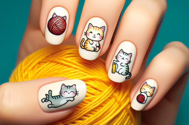 Nails painted with simple and cute cartoon kittens featured