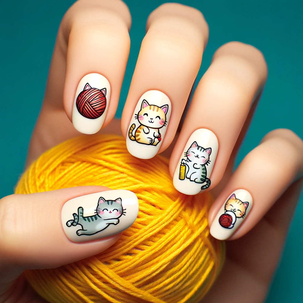 Nails painted with simple and cute cartoon kittens