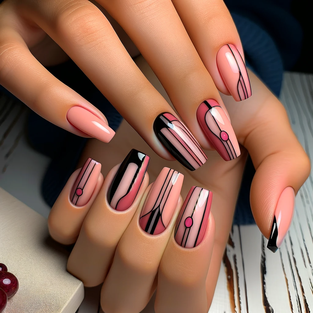 Negative space pink and black nail designs