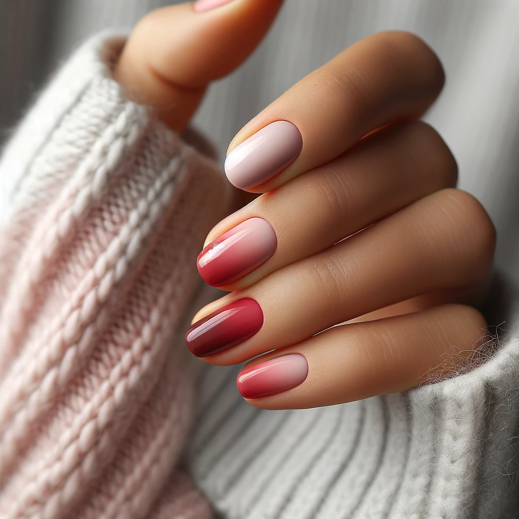 Ombre nails with gentle pink at the base transitioning into deep red