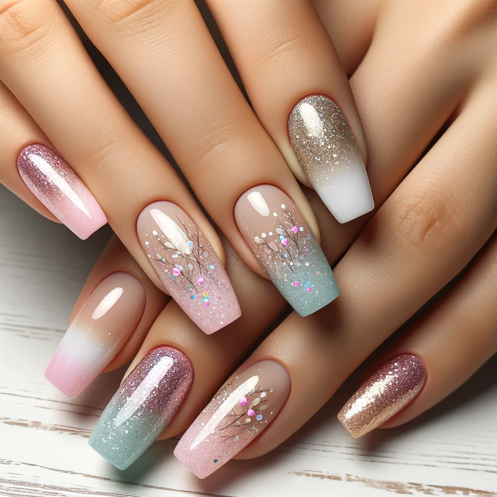 Ombre pastel and glitter nails