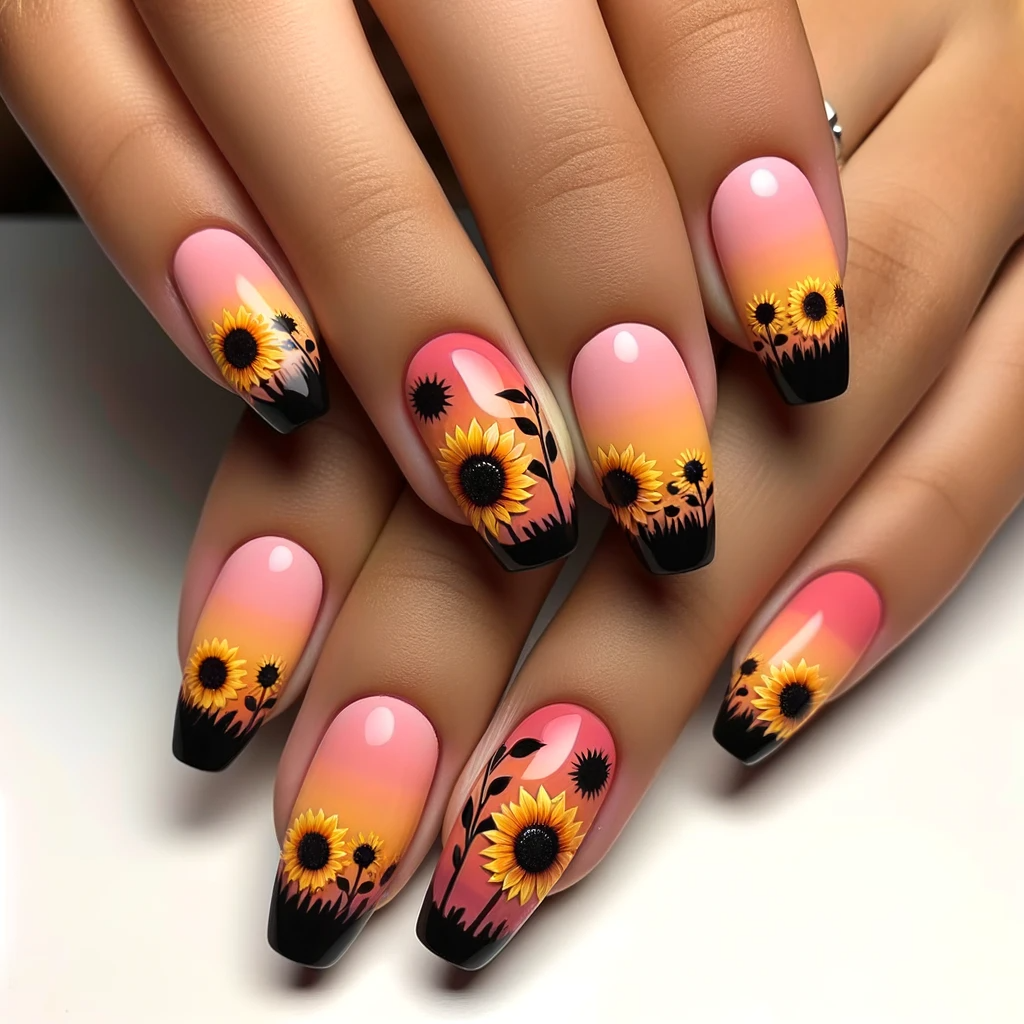 Ombre sunset sunflower nail designs