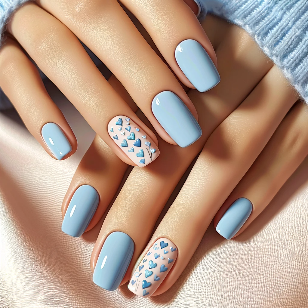 Pastel blue nails and small hearts on nails