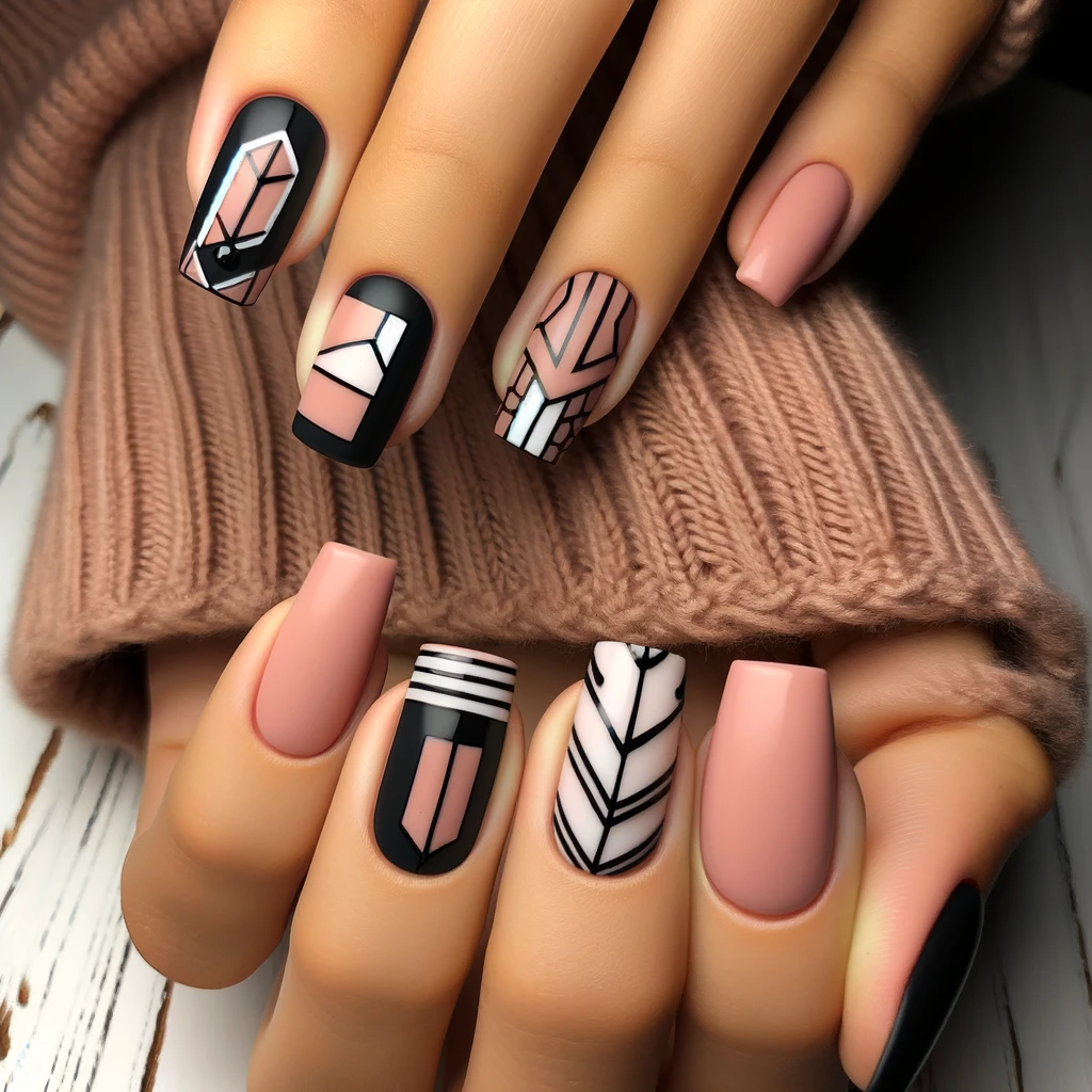 Pink and black geometric shape nail designs